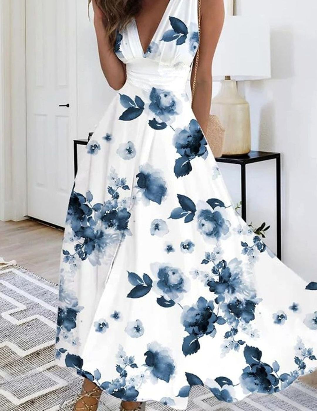 Women's Boho Sleeveless V-Neck Floral Maxi Dress