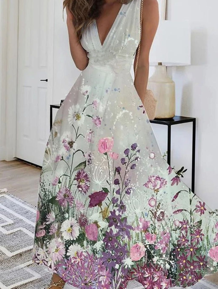 Women's Boho Sleeveless V-Neck Floral Maxi Dress