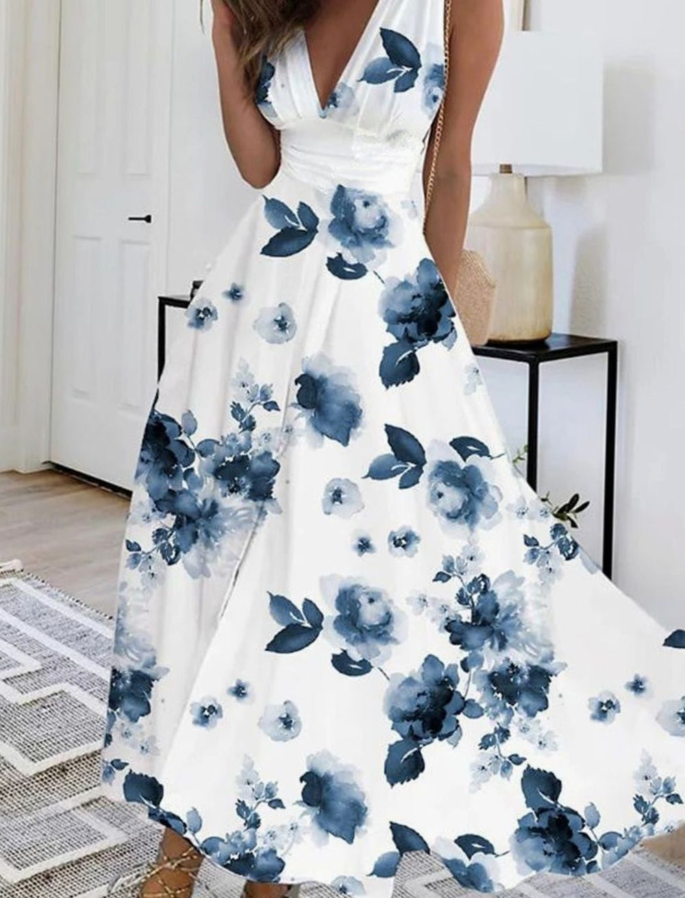 Women's Boho Sleeveless V-Neck Floral Maxi Dress - Floral Print 1