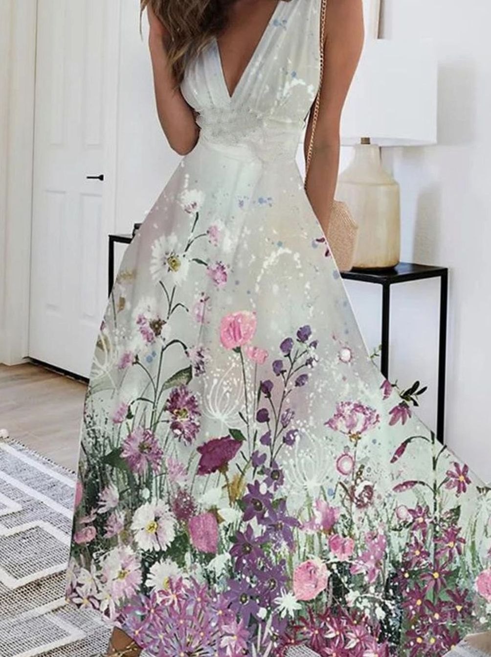 Women's Boho Sleeveless V-Neck Floral Maxi Dress - Floral Print 2