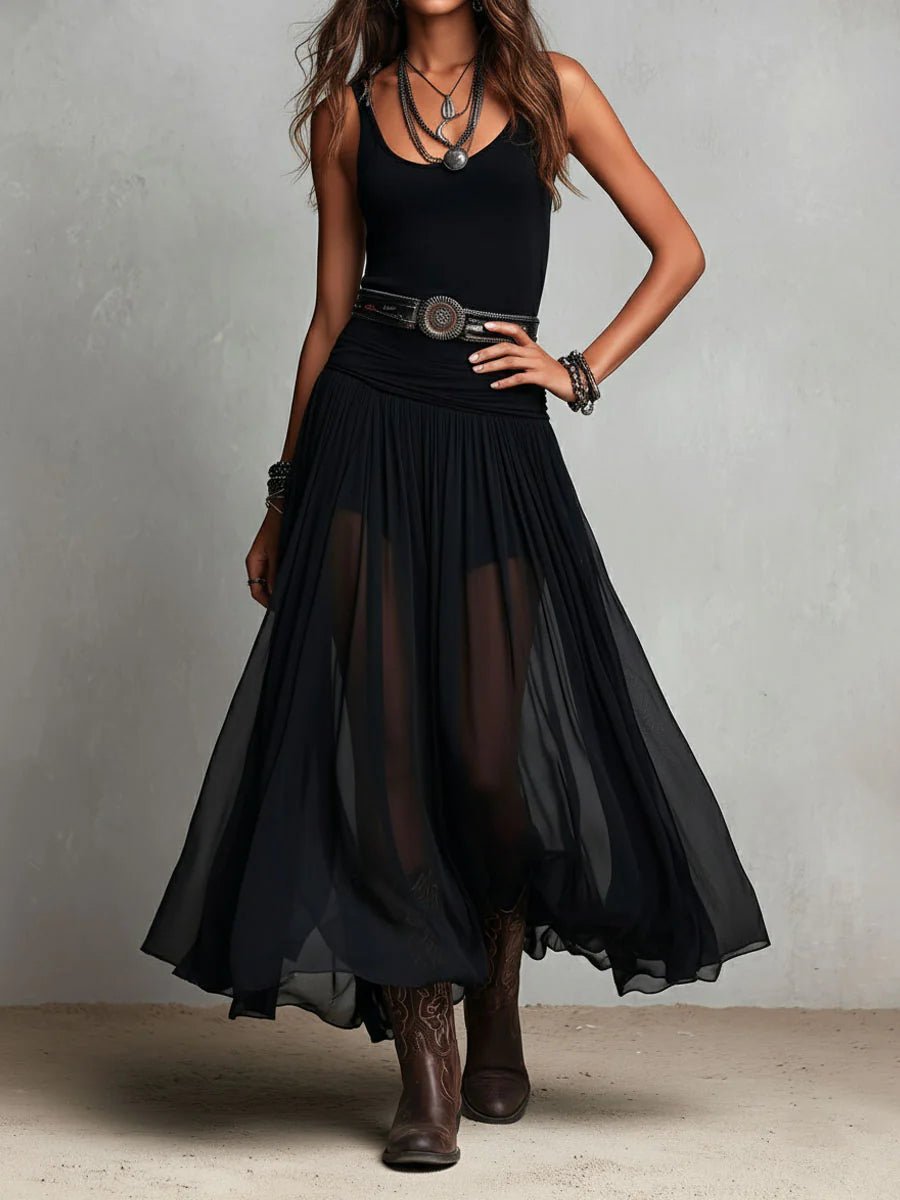 Women's Boho Sleeveless V-Neck Sheer Tulle Belted Maxi Dress