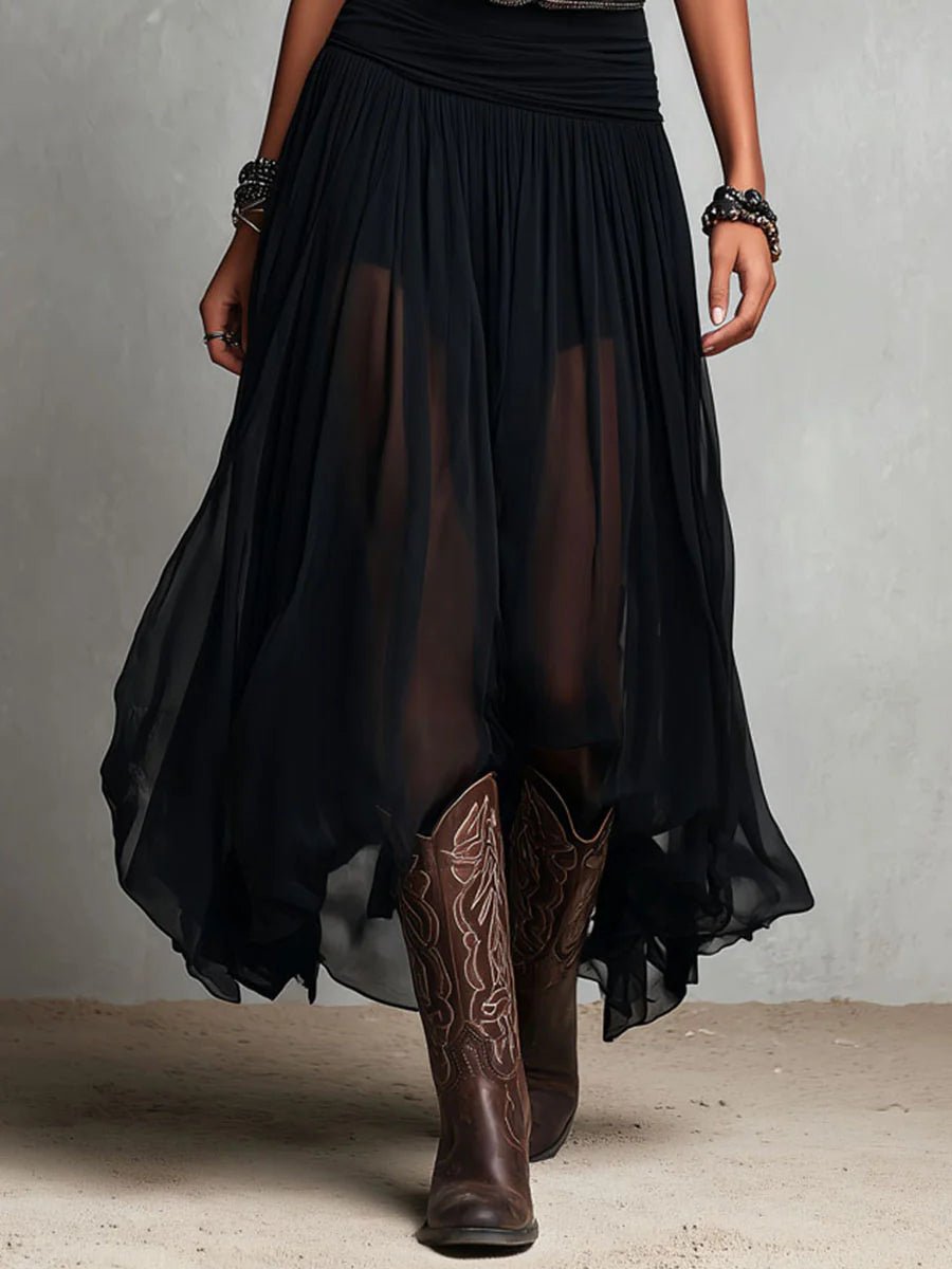 Women's Boho Sleeveless V-Neck Sheer Tulle Belted Maxi Dress