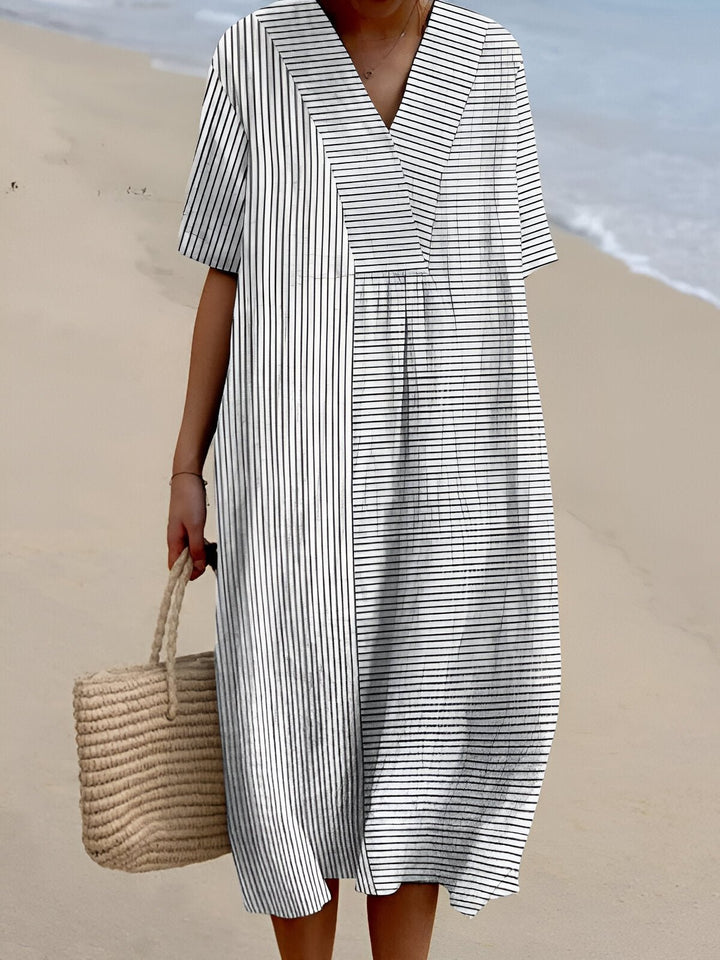 Women's Boho Striped V-Neck Short-Sleeve Relaxed Midi Dress - Stripe White