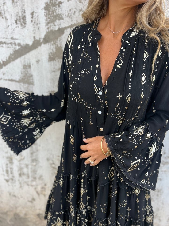Women's Boho Tiered Mini Dress Flared Sleeves Gold Accents V-Neck