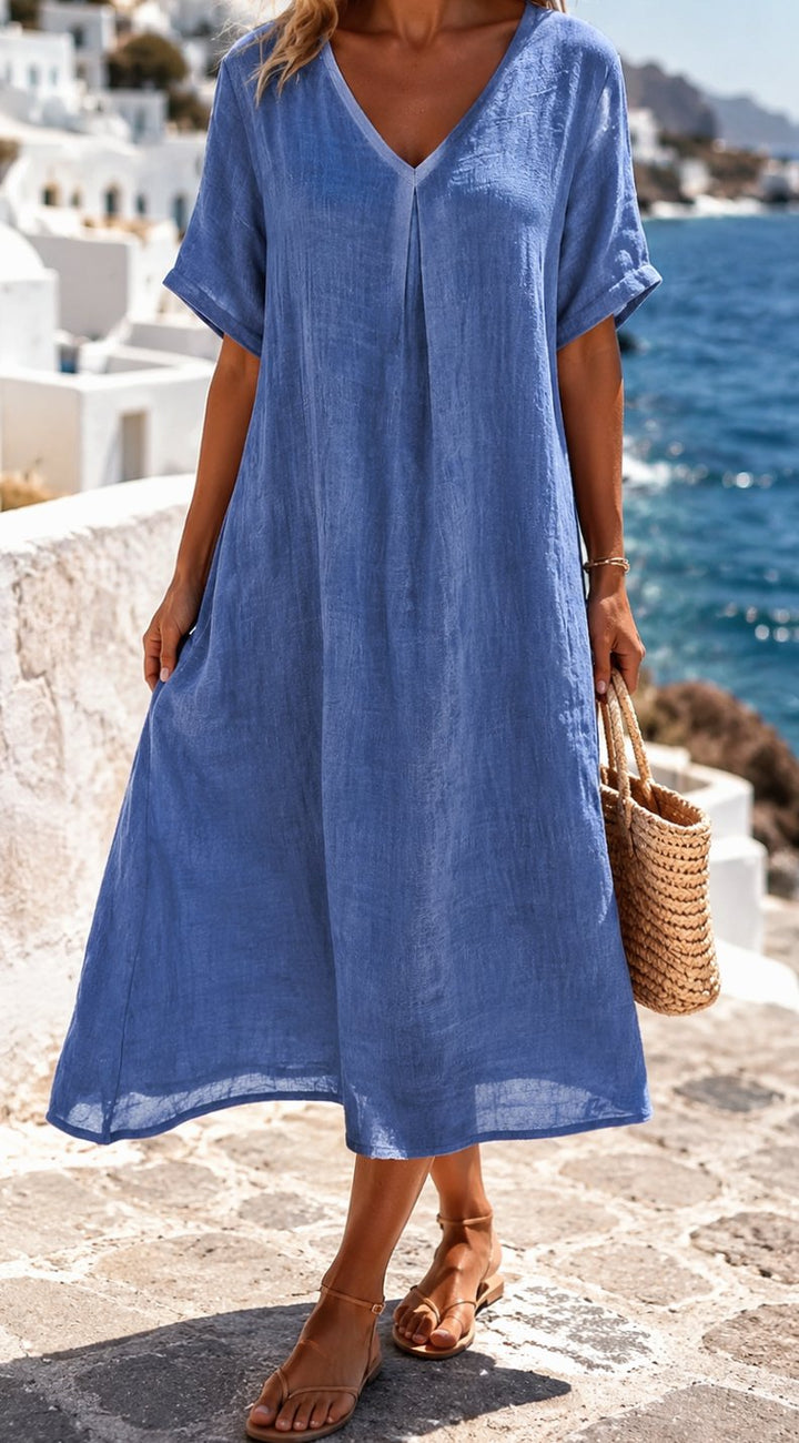 Women's Boho V-Neck Short Sleeve Linen Maxi Dress - Blue