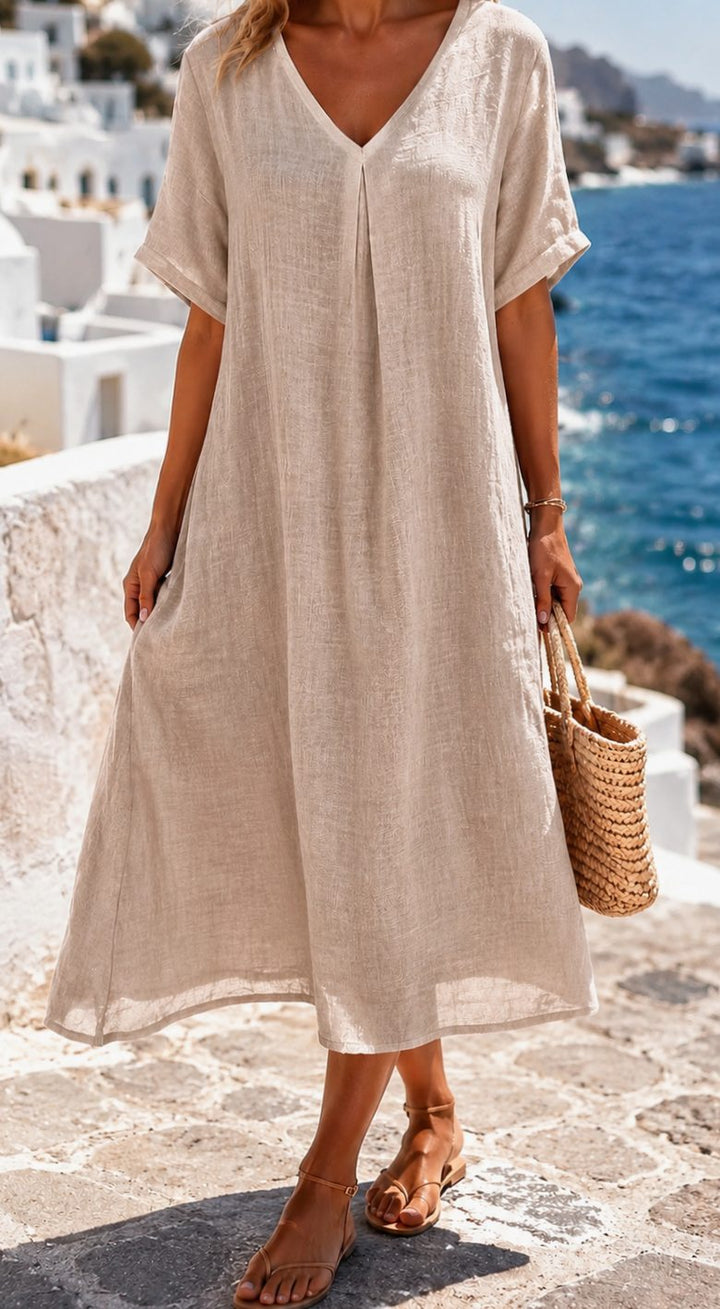 Women's Boho V-Neck Short Sleeve Linen Maxi Dress - Beige