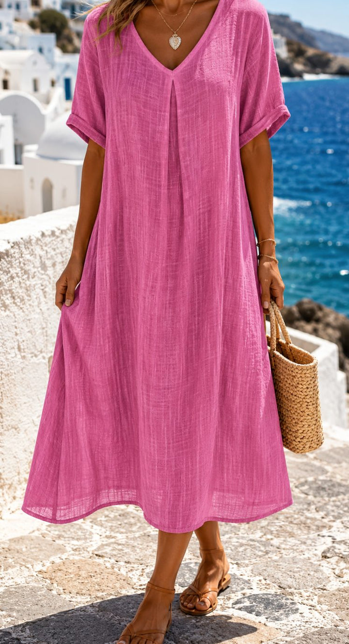 Women's Boho V-Neck Short Sleeve Linen Maxi Dress - Pink