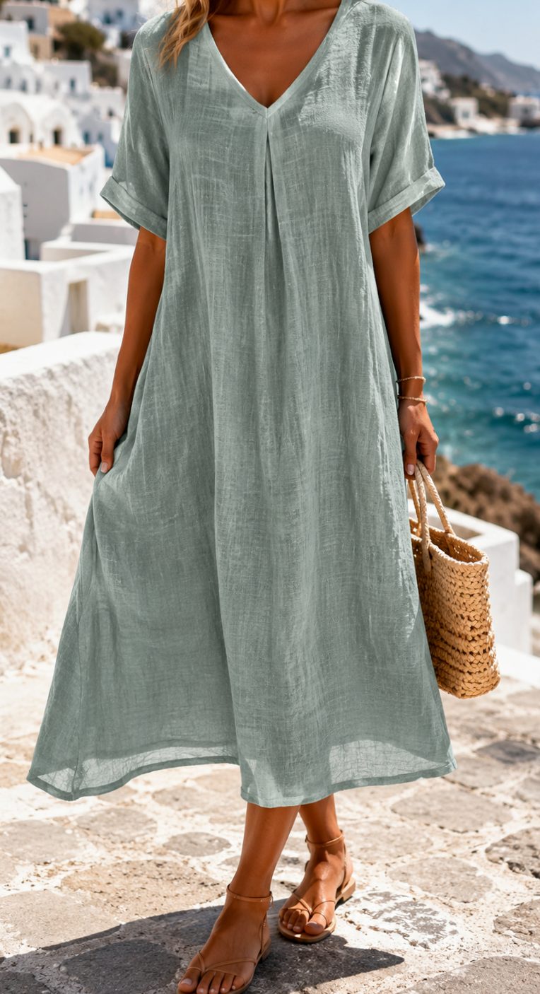 Women's Boho V-Neck Short Sleeve Linen Maxi Dress - Light Green