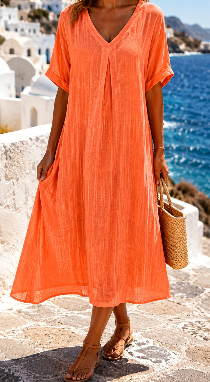 Women's Boho V-Neck Short Sleeve Linen Maxi Dress - Orange