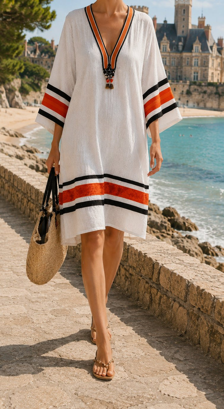 Women's Boho V-Neck Striped Trim Kaftan Beach Dress