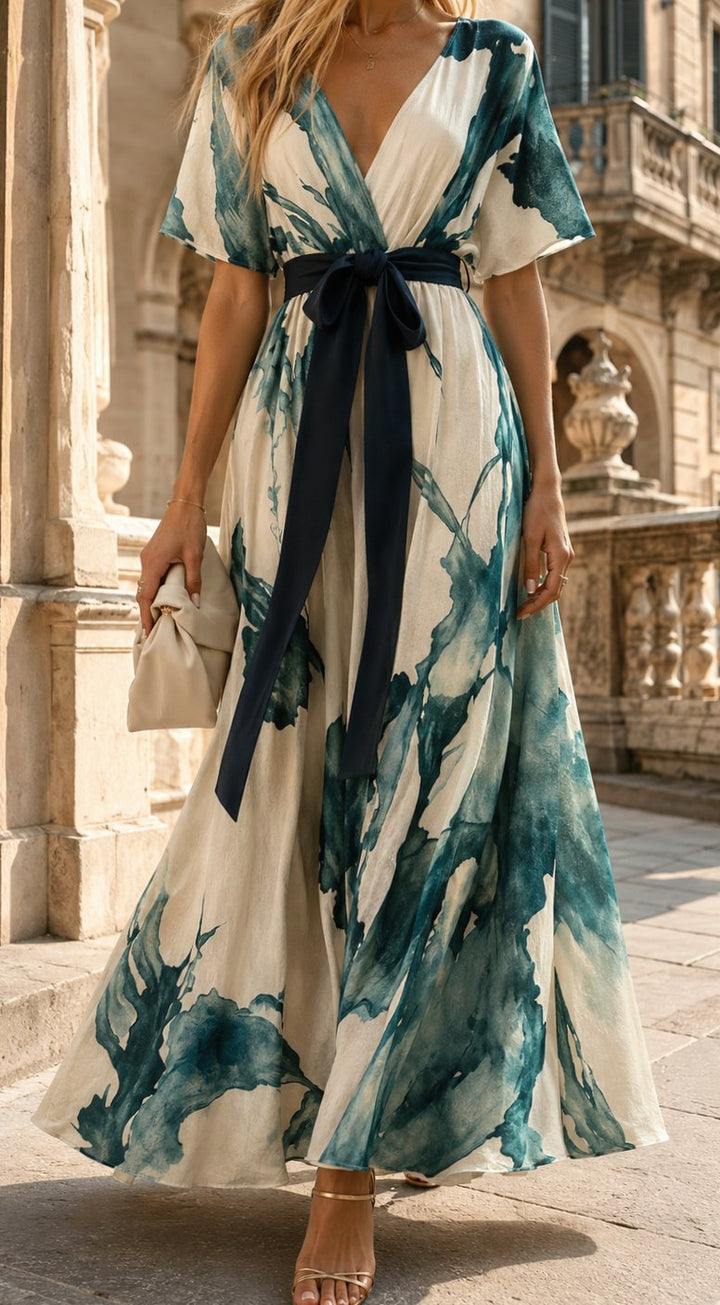 Women's Boho Watercolor Print V-Neck Tie-Waist Maxi Dress