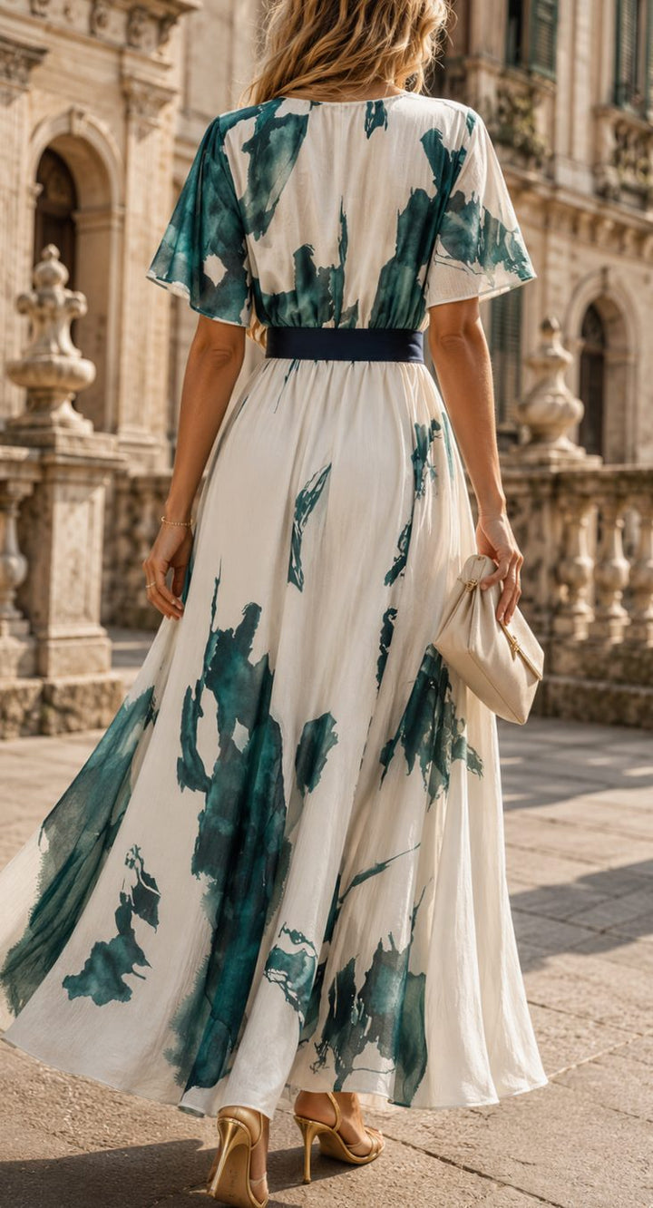 Women's Boho Watercolor Print V-Neck Tie-Waist Maxi Dress