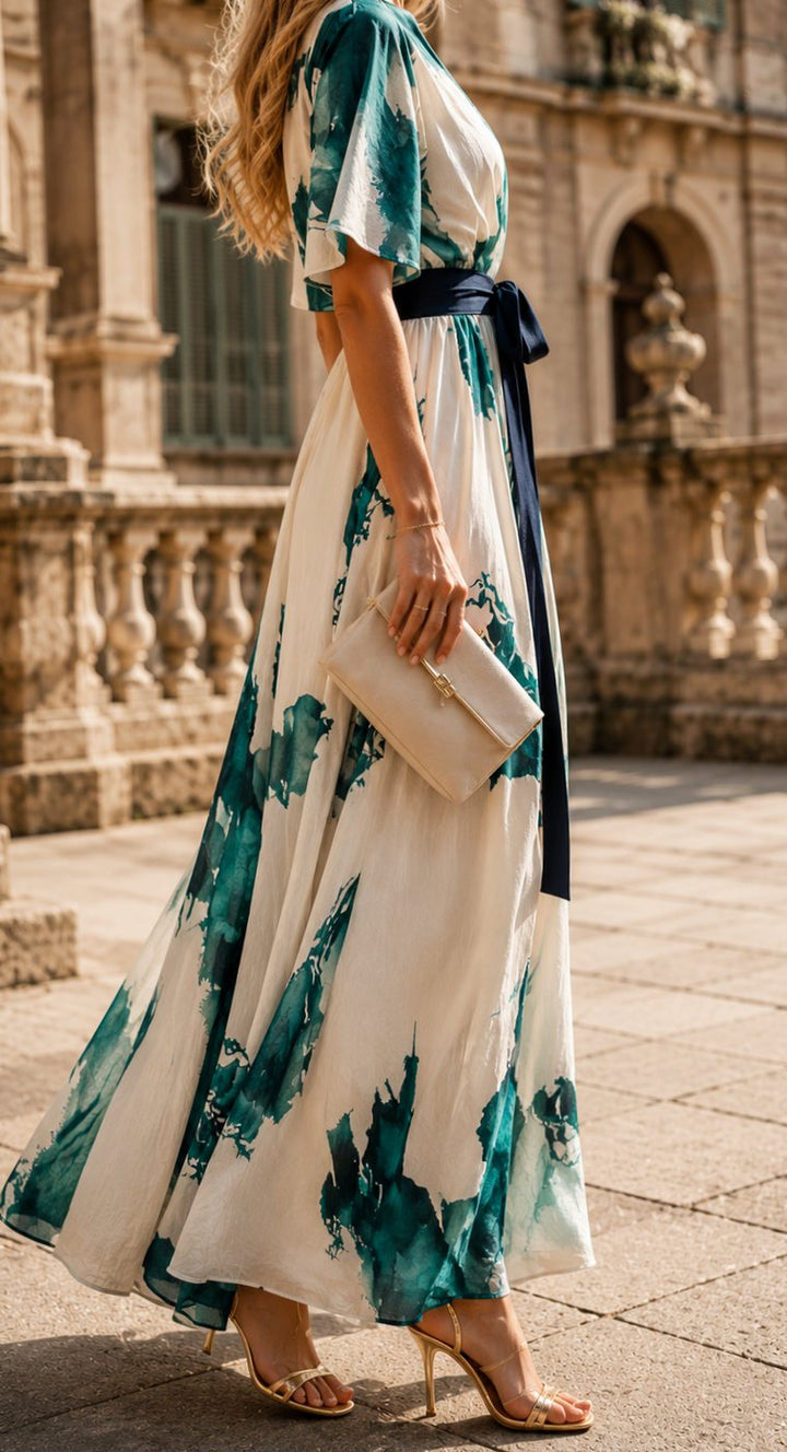Women's Boho Watercolor Print V-Neck Tie-Waist Maxi Dress