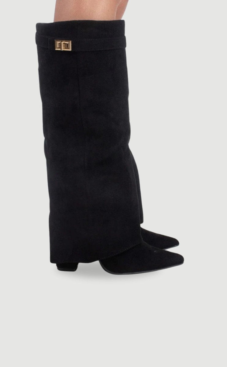 Women's Boots Black Suede Fold-Over Gold-Clasp Knee-High