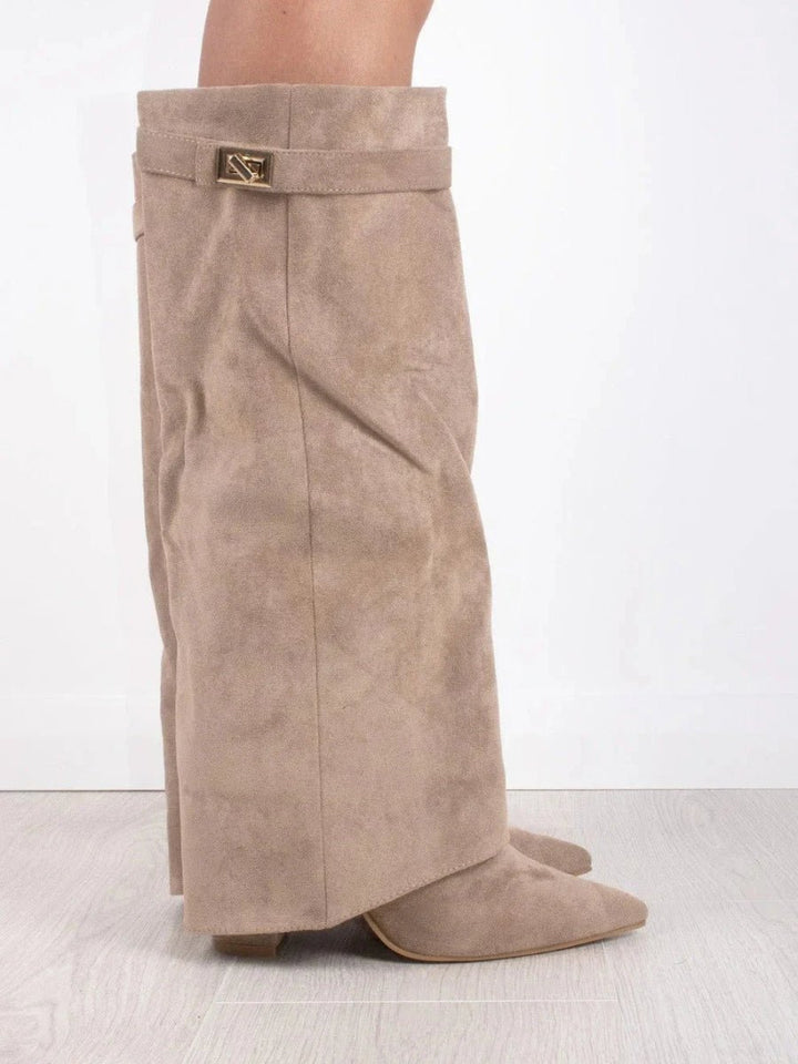 Women's Boots Black Suede Fold-Over Gold-Clasp Knee-High - Beige