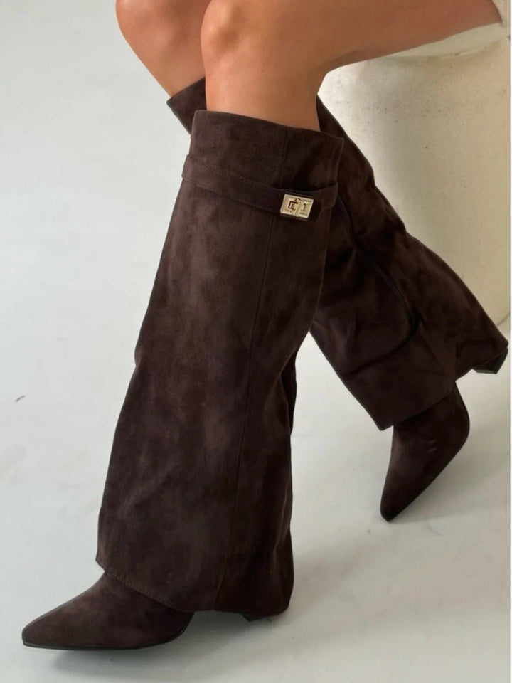 Women's Boots Black Suede Fold-Over Gold-Clasp Knee-High