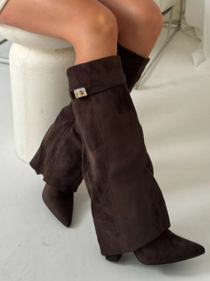 Women's Boots Black Suede Fold-Over Gold-Clasp Knee-High