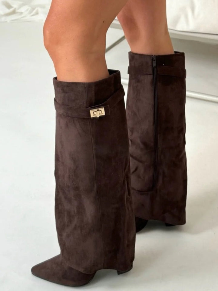 Women's Boots Black Suede Fold-Over Gold-Clasp Knee-High - Dark Brown