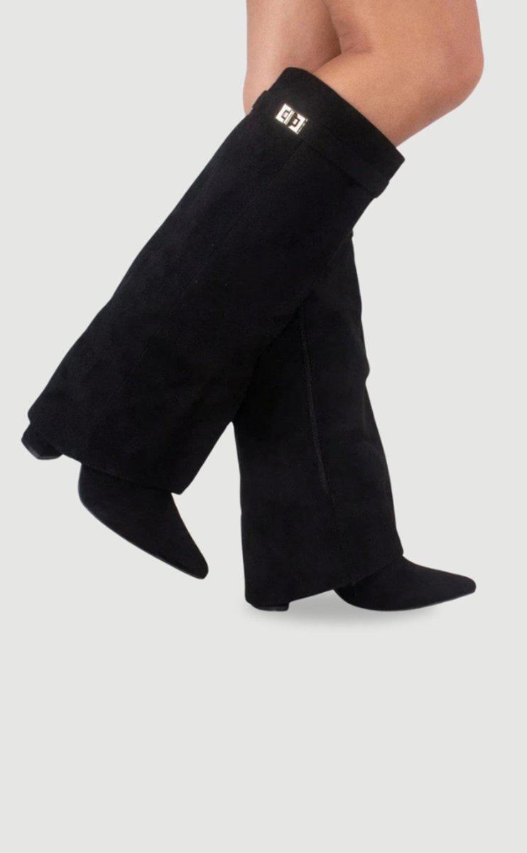 Women's Boots Black Suede Fold-Over Gold-Clasp Knee-High