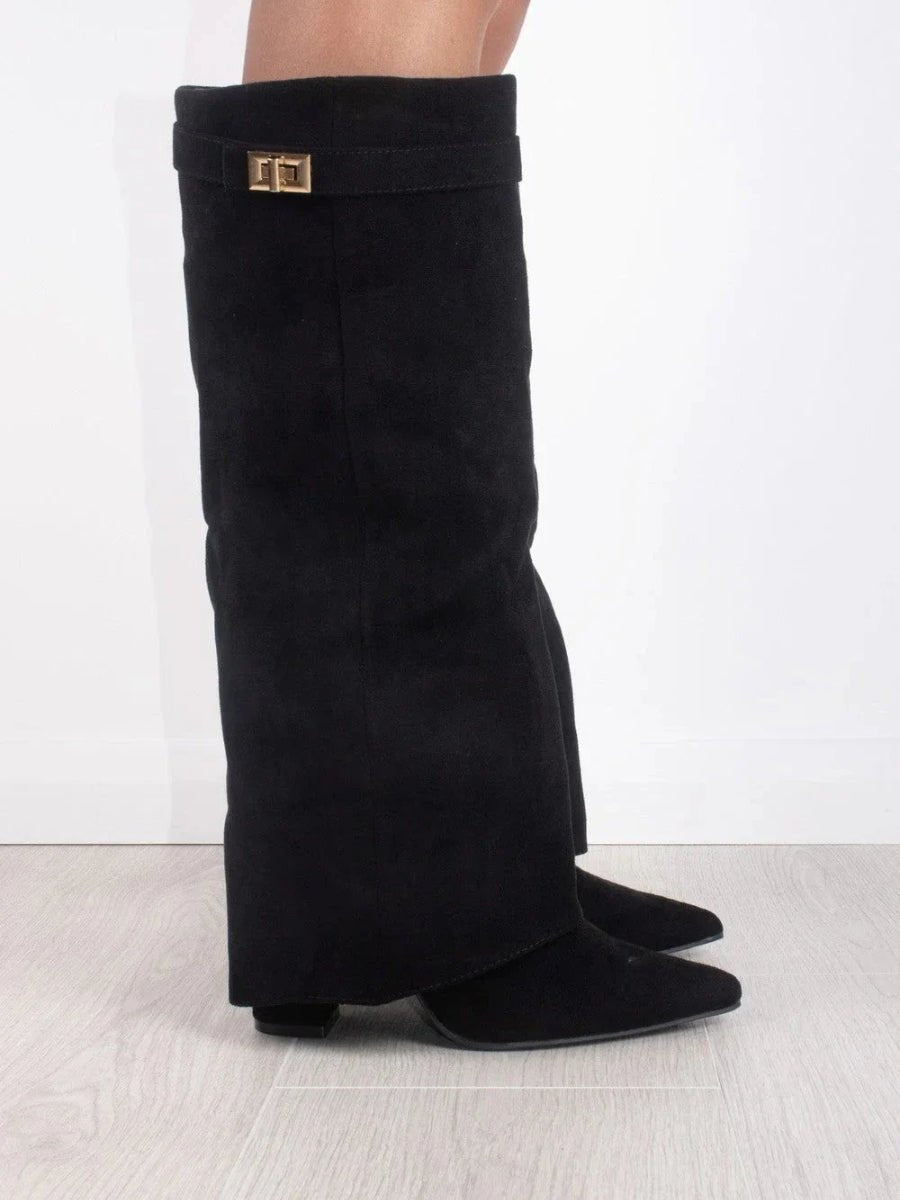 Women's Boots Black Suede Fold-Over Gold-Clasp Knee-High - Black