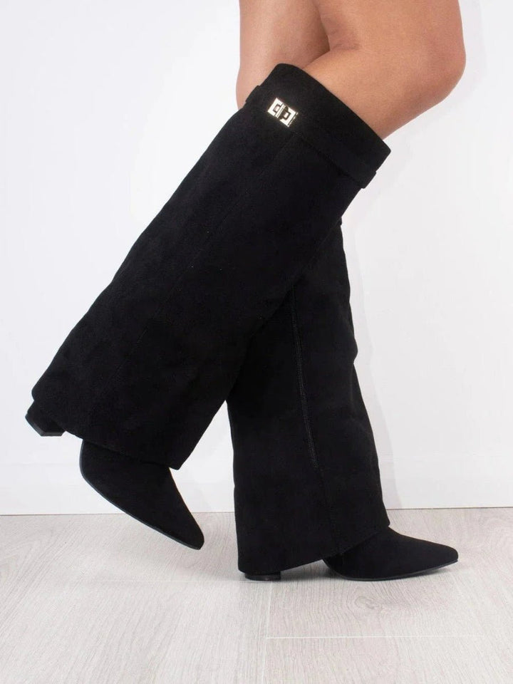Women's Boots Black Suede Fold-Over Gold-Clasp Knee-High