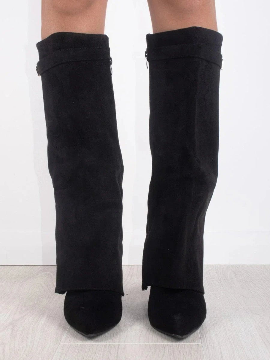Women's Boots Black Suede Fold-Over Gold-Clasp Knee-High