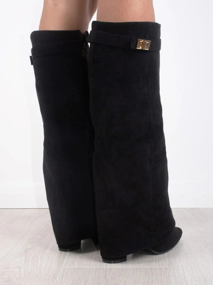 Women's Boots Black Suede Fold-Over Gold-Clasp Knee-High
