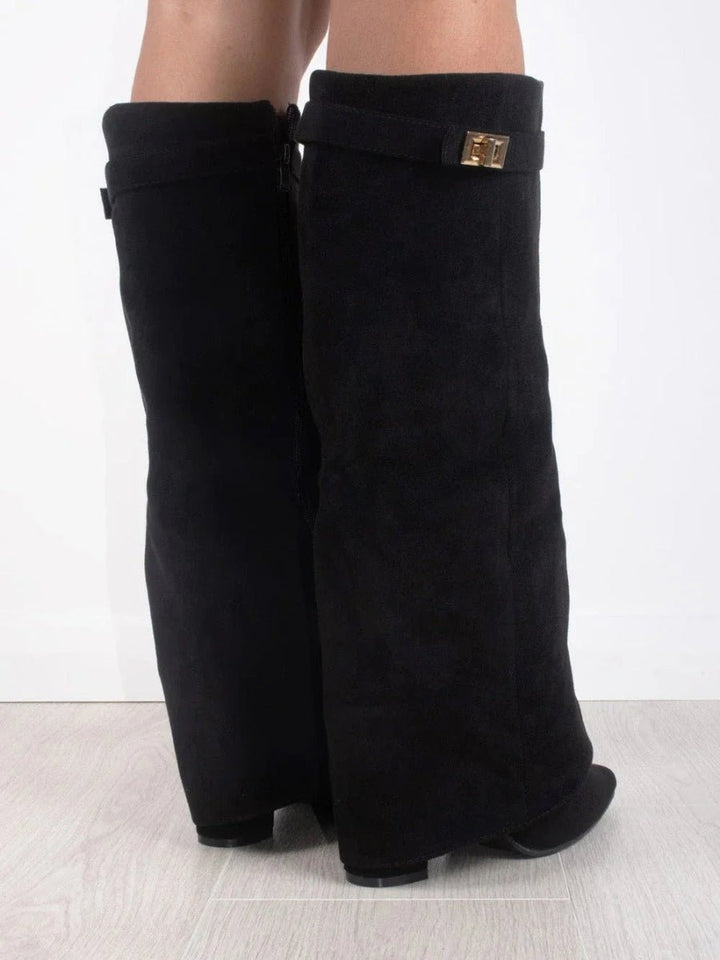 Women's Boots Black Suede Fold-Over Gold-Clasp Knee-High