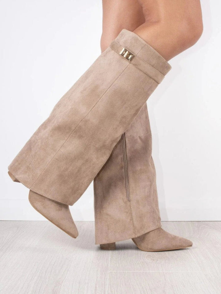 Women's Boots Black Suede Fold-Over Gold-Clasp Knee-High