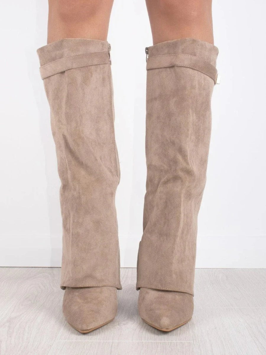 Women's Boots Black Suede Fold-Over Gold-Clasp Knee-High