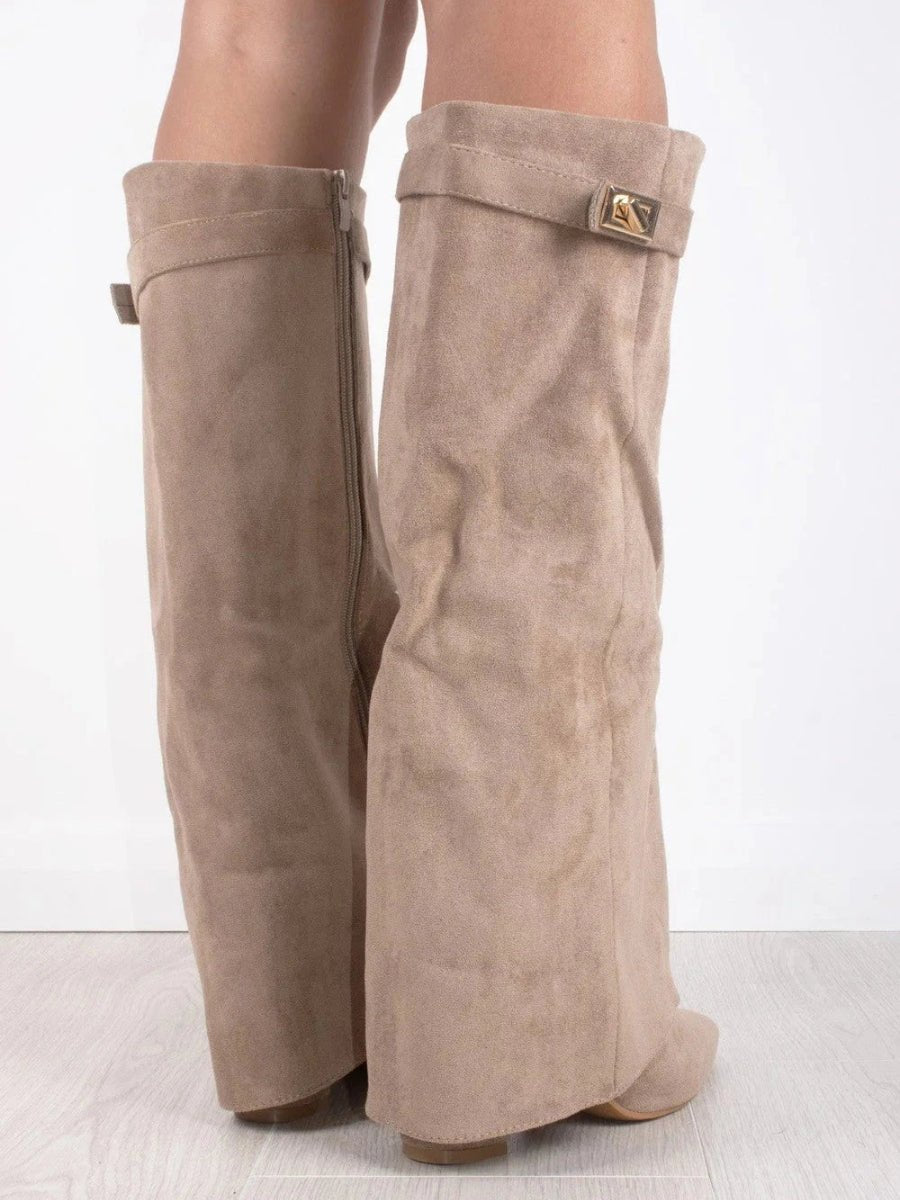 Women's Boots Black Suede Fold-Over Gold-Clasp Knee-High