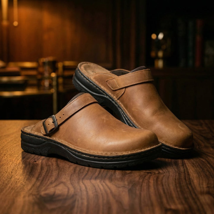 Women's Boots Premium Leather Slip-On Clogs - Brown