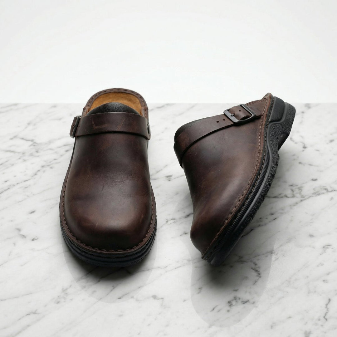 Women's Boots-Style Premium Leather Slip-On Clogs - Dark Brown