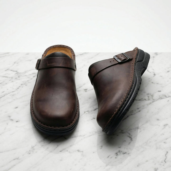Women's Boots-Style Premium Leather Slip-On Clogs - Dark Brown
