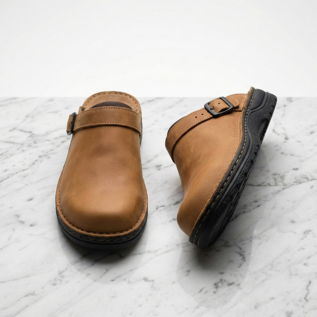 Women's Boots-Style Premium Leather Slip-On Clogs - Brown