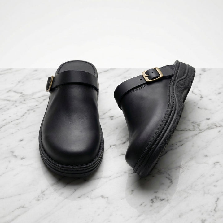 Women's Boots-Style Premium Leather Slip-On Clogs - Black