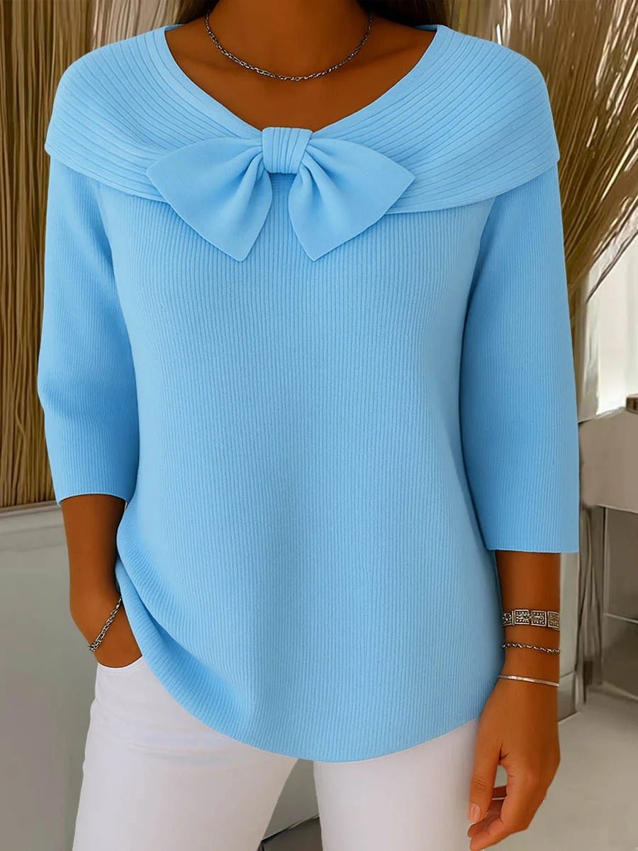 Women's Bow-Detail Ribbed Knit Sweater Half Sleeve - Blue