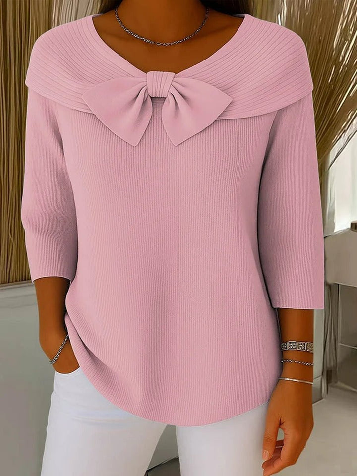Women's Bow-Detail Ribbed Knit Sweater Half Sleeve - Pink