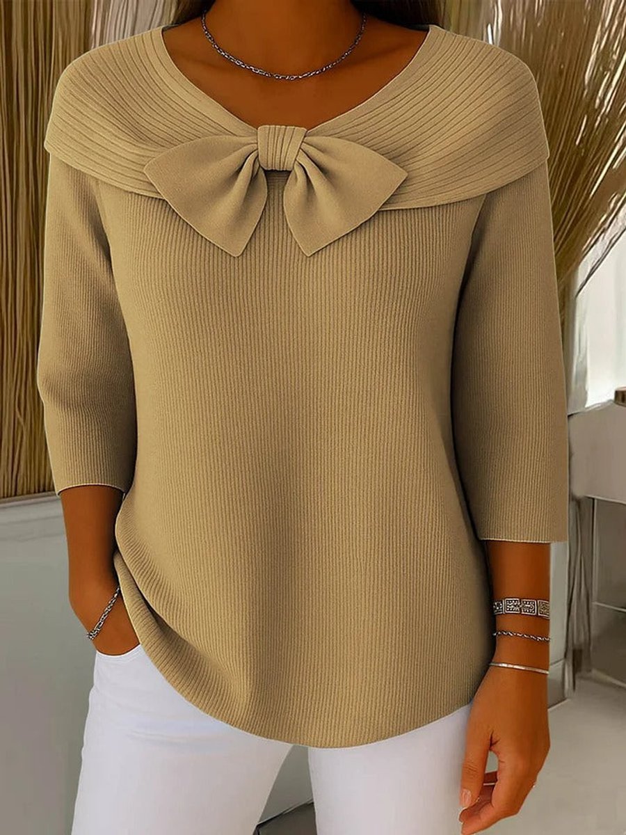 Women's Bow-Detail Ribbed Knit Sweater Half Sleeve - Khaki