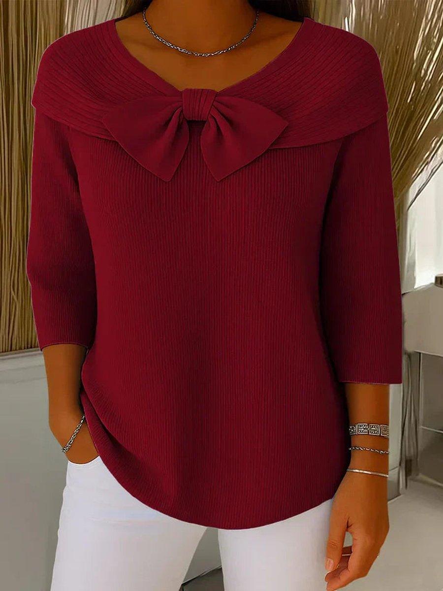 Women's Bow-Detail Ribbed Knit Sweater Half Sleeve - Red
