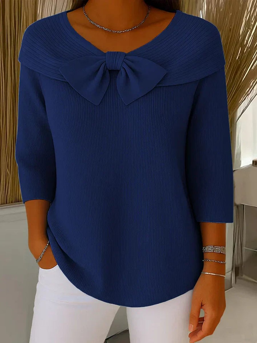 Women's Bow-Detail Ribbed Knit Sweater Half Sleeve - Dark Blue