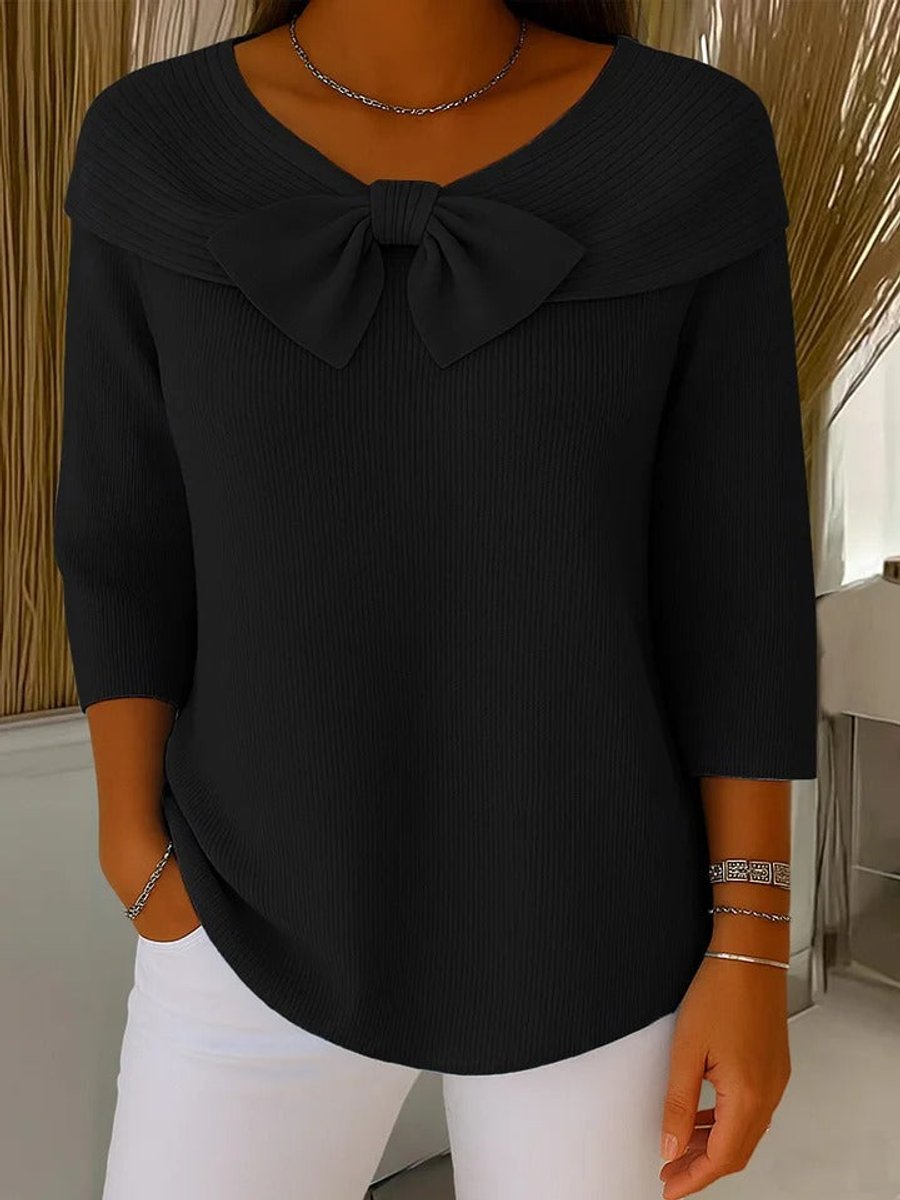 Women's Bow-Detail Ribbed Knit Sweater Half Sleeve - Black