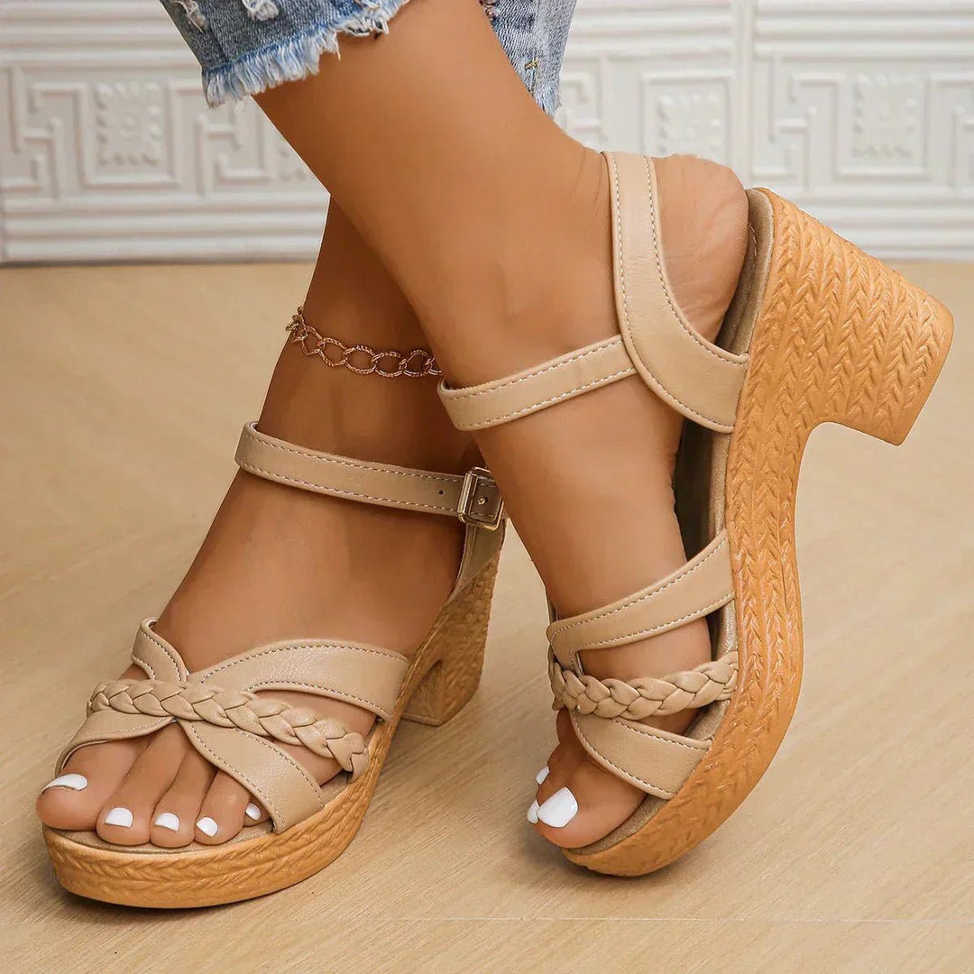 Women's Braided Strap Block Heel Platform Sandals Buckle Ankle Strap