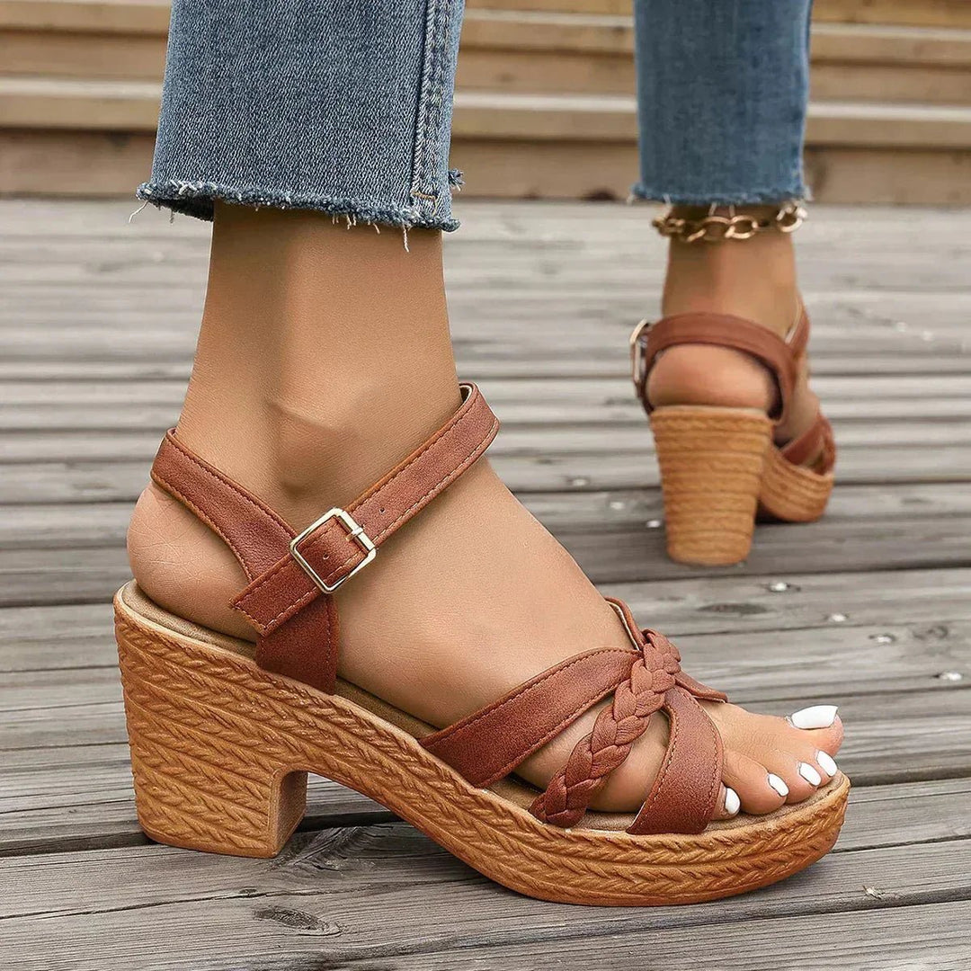 Women's Braided Strap Block Heel Platform Sandals Buckle Ankle Strap
