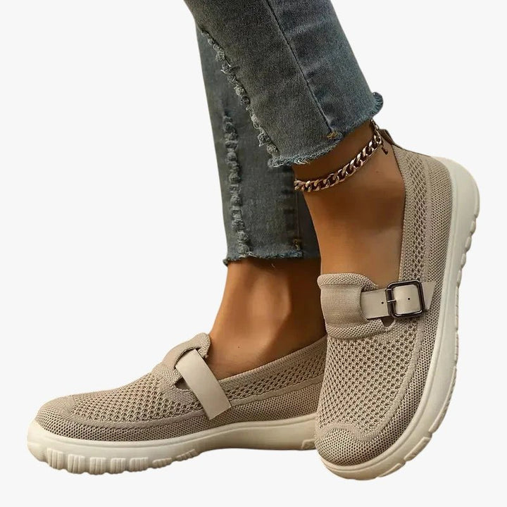 Women's Breathable Mesh Buckle-Strap Slip-On Loafers - Beige