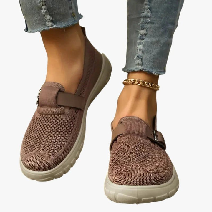 Women's Breathable Mesh Buckle-Strap Slip-On Loafers - Brun