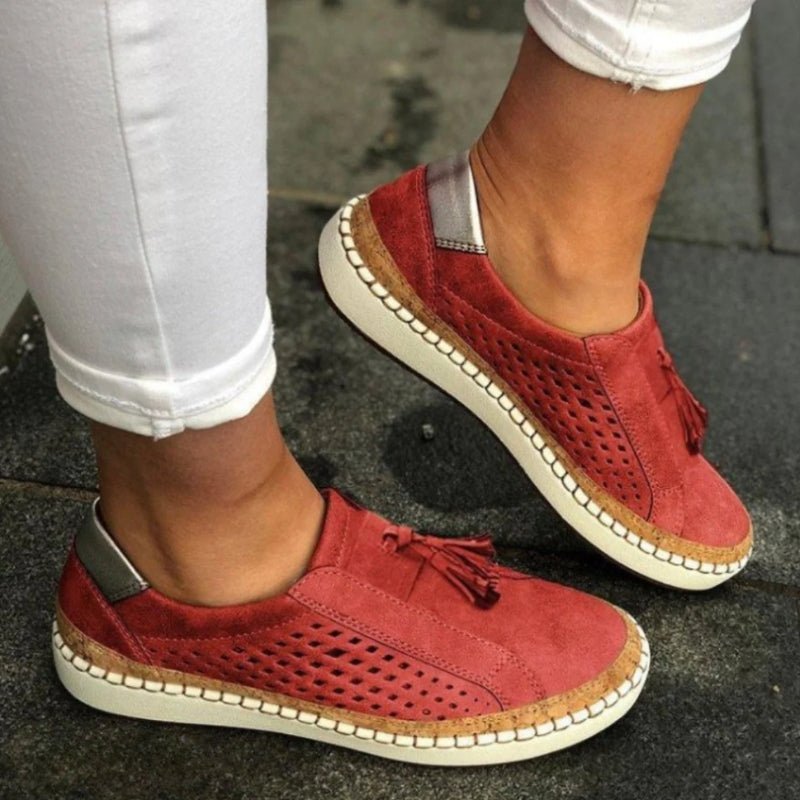 Women's Breathable Suede Slip-On Sneakers Arch Support Flat Loafers - Red