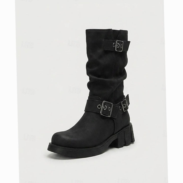 Women's Buckle-Strap Mid-Calf Slouch Biker Boots - Black