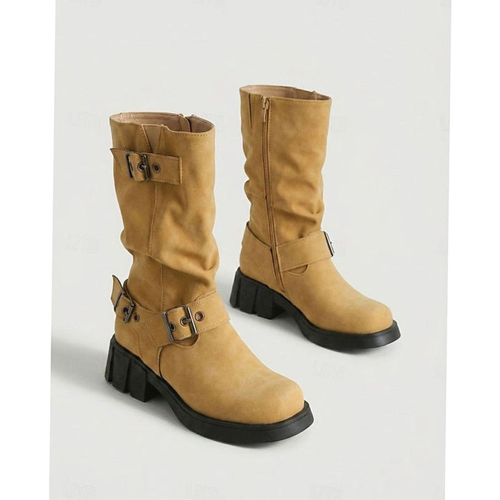 Women's Buckle-Strap Mid-Calf Slouch Biker Boots