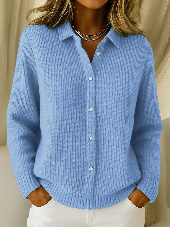 Women's Button-Front Ribbed Knit Collared Cardigan Sweater - Blue